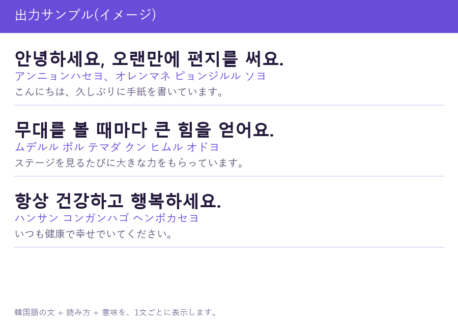 HanLetterの出力サンプル。韓国語の1文、カタカナの読み方、日本語の意味が1文ごとに並びます