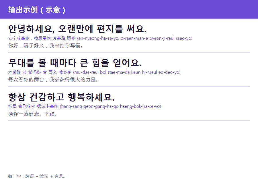 HanLetter 输出示例：韩语句子、读法和中文意思，信中每一句都会依次列出